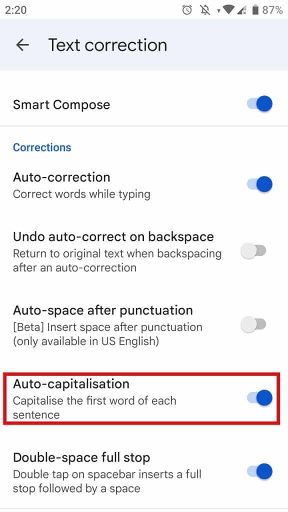 trun off auto capitalization in android third