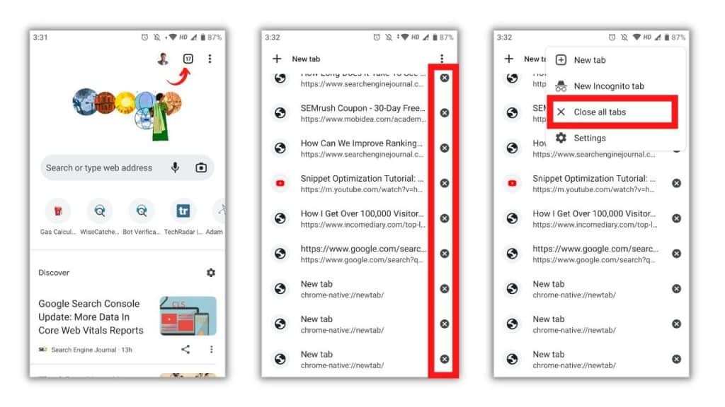 How to close all tabs on Android