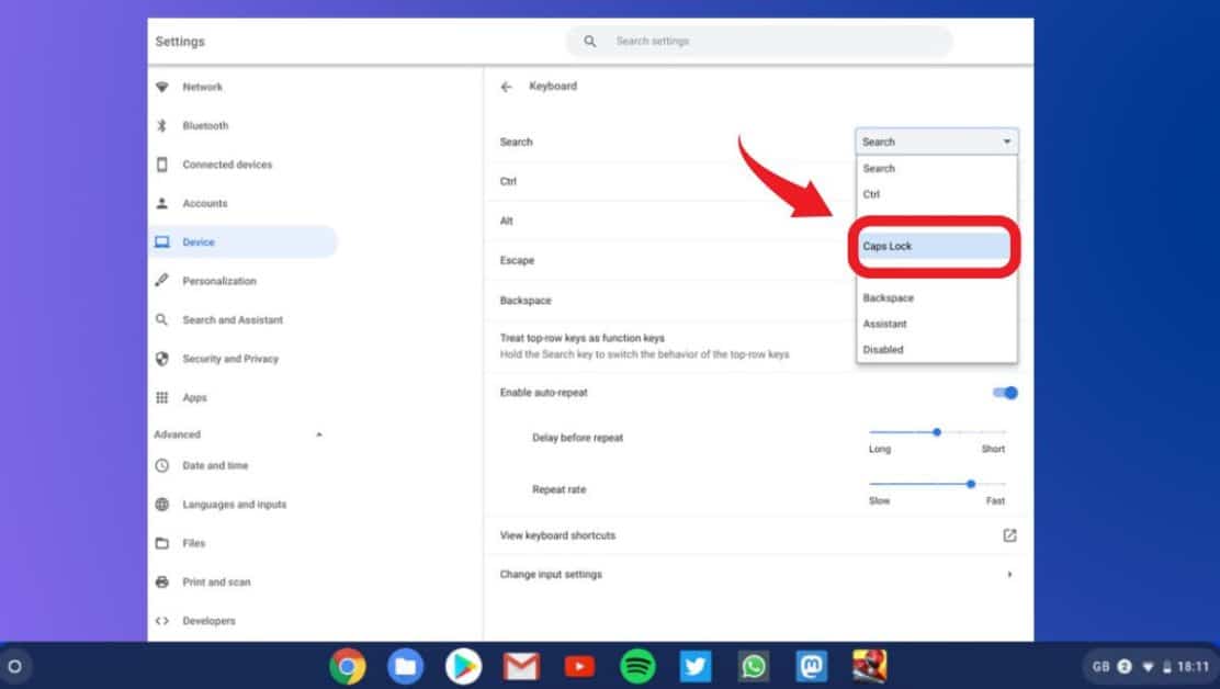 Caps Lock in Settings Menu on Chromebook