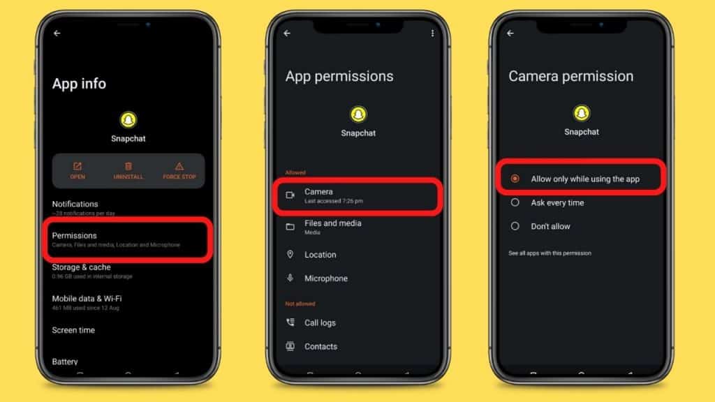 how to allow camera access on snapchat in Android Phone