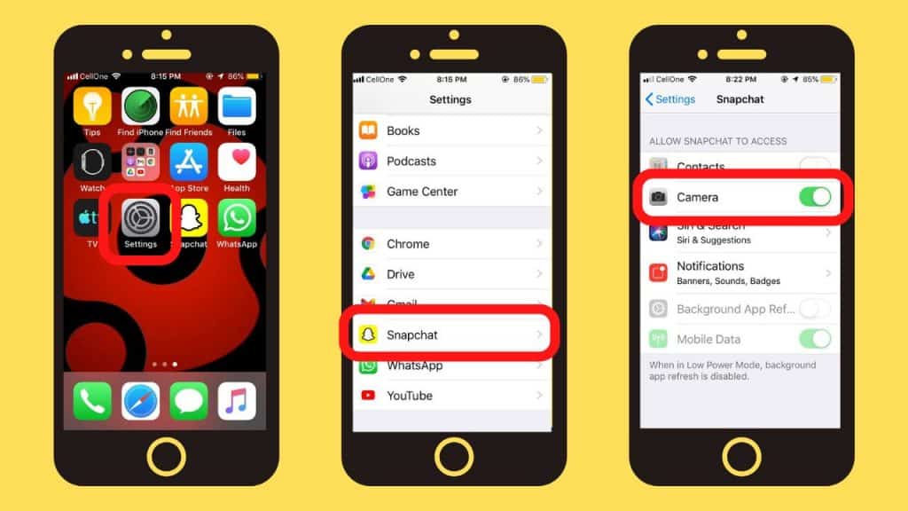 how to allow camera access on snapchat in iPhone