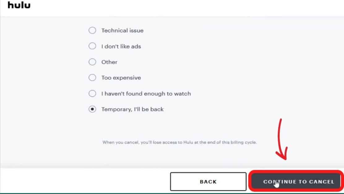 click on continue to cancel Hulu