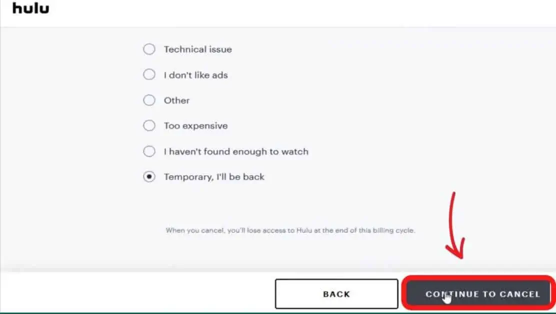 Click On Continue To Cancel Hulu