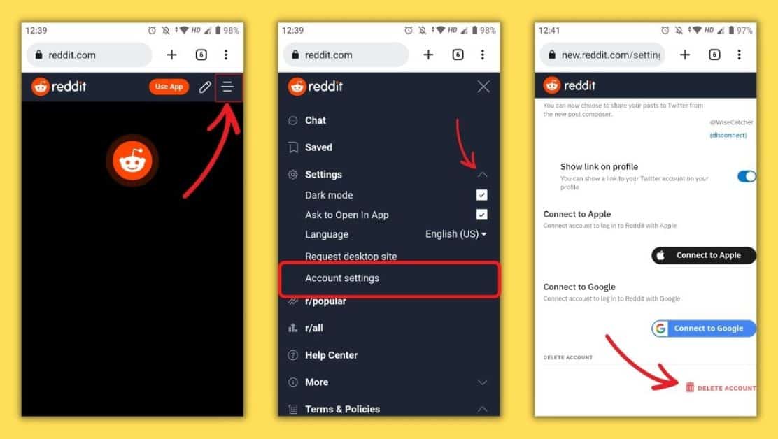 how to delete reddit account on Mobile
